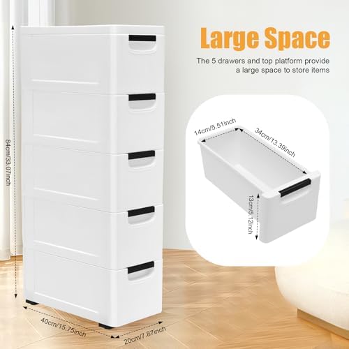 5 Tier Plastic Drawers Narrow Dresser Storage Cabinet, Mobile Stackable Clothes Storage Tower, Suitable for Home, Office, Bedroom Storage Cabinet, 7.87 * 15.75 * 33.07in (White) - Image 2