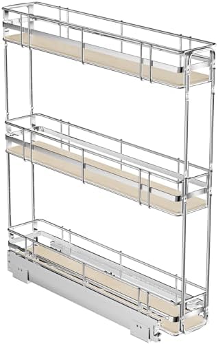 ROOMTEC 3-Tier Pull Out Cabinet Organizer Spice Rack for Narrow Cabinet 5" W x 20½" D, Slide Out Wood Shelves Storage for Kitchen by ROOMTEC