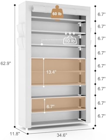 VILICK Shoe Rack with Cover Narrow Shoe Organizer with Pockets 10 Tier Tall Shoe Storage Holds 36-41 Pairs Shoes and Boots Shoe Rack for Closet Entryway Garage, White - Image 3