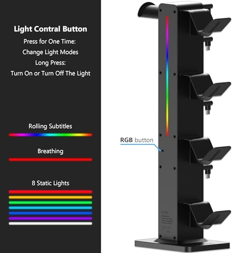 KAFRI RGB Gaming Headphone Stand with Controller Holder, Desk Organizer with Retractable Charger Cable, 2 AC Outlets & 4 Type-C Charging Ports, PC Gaming Accessories for Headset & Controller (Black) - Image 5