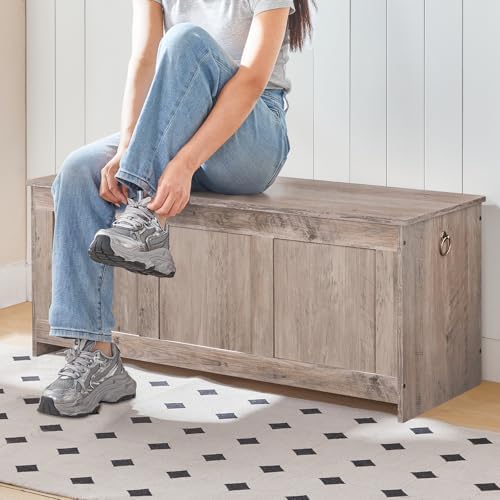 HOOBRO Storage Bench, 39.3" Retro Wooden Storage Chest, Wooden Storage Trunk, Toy Chest with Lift Top, Multifunctional Entryway Organizer, for Entryway, Living Room, Greige BG141CW01G1 - Image 5