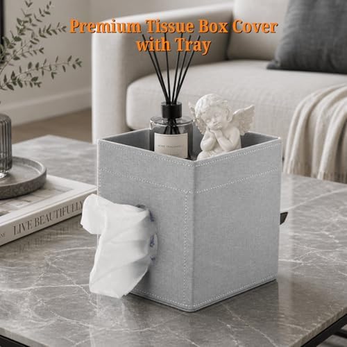 LAMOTI Tissue Box Cover Square with Storage, PU Leather Cube Tissue Holder - Image 2
