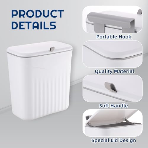 3 Pack Hanging Trash Can with Lid, Kitchen Compost Bin for Counter Top or Under Sink, Waste Basket Wall Mounted Garbage Can for Cupboard/Bathroom/Bedroom/Office/Camping (White) - Image 3