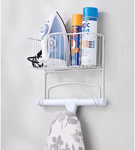 mDesign Wall Mounted Ironing Board Holder - Steel Ironing Board Rack for Easy Organisation - includes Basket for Iron Storage - White - Image 7