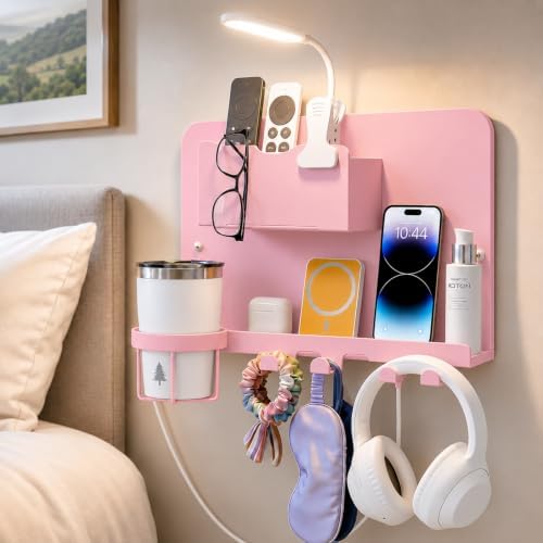 Floating Bedside Wall Shelf, Metal Wall Organizer with Detachable Cup Holde by ODCPN