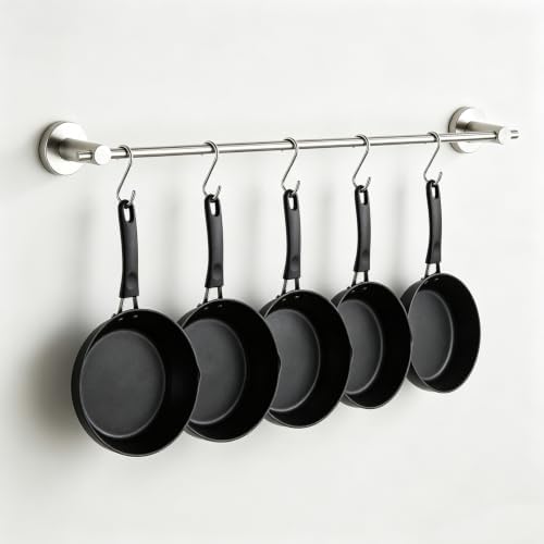 NEWRAIN Hanging Pot Rack 17.5 Inch Stainless Steel Wall Mounted Brushed Nickel Pot and Pan Hanger with Adjustable S Hooks, Rustproof Kitchen Utensil Rail for Organizing Pots, Pans, Lids,Mug & Towels by NEWRAIN