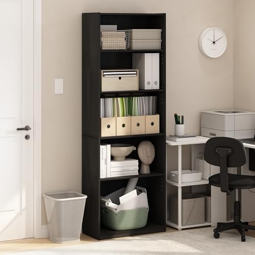 Furinno GEHRY Book Shelf, 5-Tier Bookshelf, Bookcase, with Adjustable Shelves, 11.6 x 24.8 x 71.4, for Home Office, Living Room, Darkwood - Image 2
