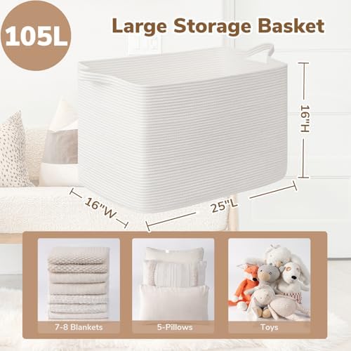 Goodpick 105L Extra Large Woven Rope Blanket Basket, Rectangle, White - Image 3