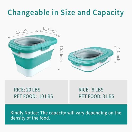 Komzon Rice Storage Container, Collapsible Airtight Food Storage Containers 6-20 Lbs, Rice Dispenser with Measuring Cup and Small Bin for Flour Cereal Pasta Grain, Cat Pet Dog Bird Food Container - Image 3