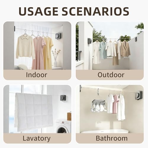 Anti-Sag Retractable Clothesline 40LB Capacity - 165in Stainless Steel Laundry Line for Indoor Outdoor, Wall Mounted Space Saving Easy Install (Gray, Single line) - Image 3
