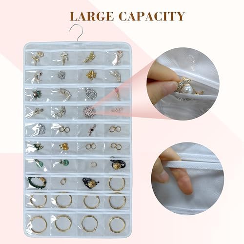 80 Pocket Hanging Jewelry Organizer with Hanger Metal Hooks Storage On Wall Door Closet Double-Sided(Each Side 40 Pockets) Jewelry Holder for Earrings, Necklaces, Rings (White+White) - Image 5