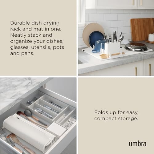Umbra Udry Dish Drying Rack with Microfiber Mat, Foldable Drainer, Sand - Image 4