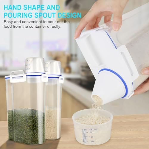 Uppetly Rice Airtight Dry Food Storage Containers, BPA Free Plastic Sealed Holder Bin Dispenser with Pouring Spout, Measuring Cup for Cereal, Flour and Oatmeal, Include a Stainless Steel Whisk - Image 2
