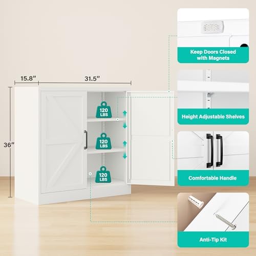White Storage Cabinet with Doors and Adjustable Shelves,36" Farmhouse Food Pantry Cabinets,Small Sideboard Cabinet,Short Metal Storage Cabinets for Home Kitchen,Dining/Living/Laundry/Room - Image 3