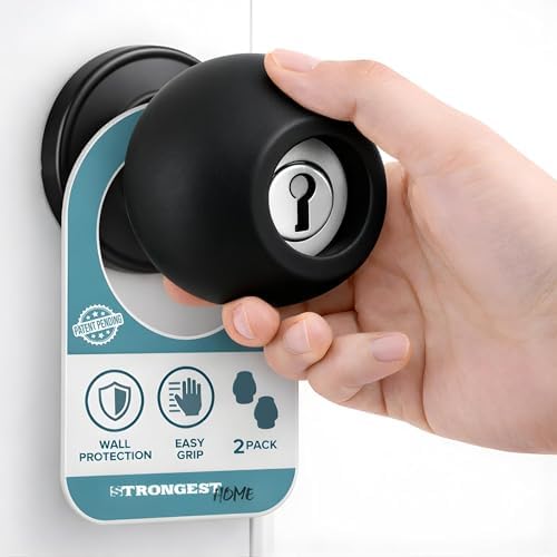 STRONGEST HOME® Black Silicone Door Knob Cover & Wall Protector – Soft Rubber Handle Grip for Arthritis Support and Quiet Damage Prevention (2 Pack) by STRONGESTHOME