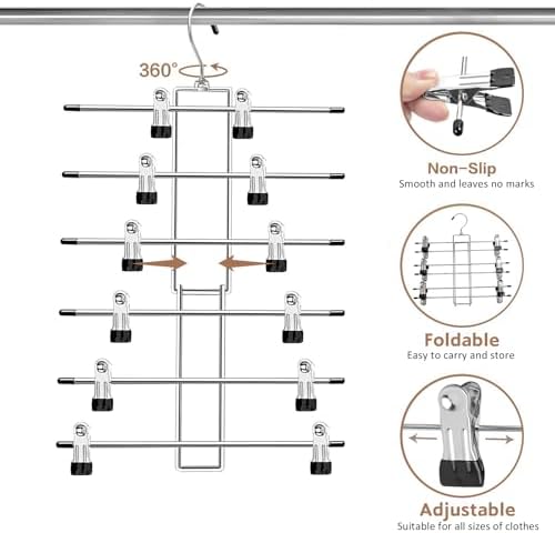 Pants Hangers with Clips,Space Saving Hanging Closet Organizer-6 Tiers Skirt Hangers with 360° Swivel Hook,Closet Organizer-Clothes Hangers- College Dorm Essentials Apartment Essentials- 4 Pack - Image 6
