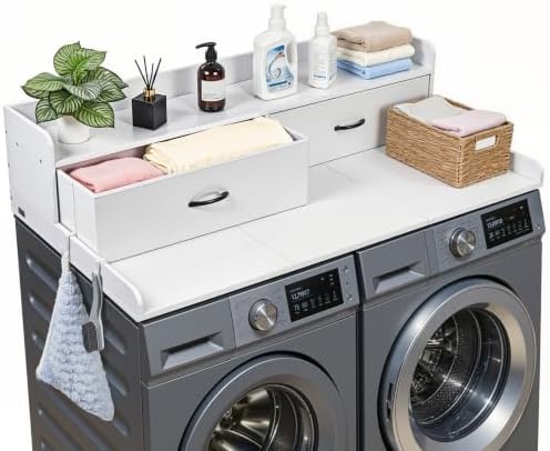 VEVOR 2 Drawers Washer Dryer Countertop with Shelf, 54" x 27" Wooden Laundry Countertop with 2 Hooks & Splicing Panels, Washer and Dryer Topper, Laundry Room Organization and Storage, White by VEVOR