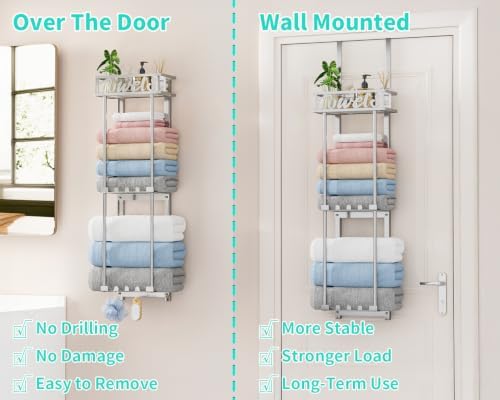 HapiRm Towel Rack Bathroom Storage - 3 Tier Over The Door & Wall Mounted Rolled Towel Racks Holder Organizer with Metal Shelf and 6 Hooks for Small Bathroom, Camper, Rv - Sliver - Image 4