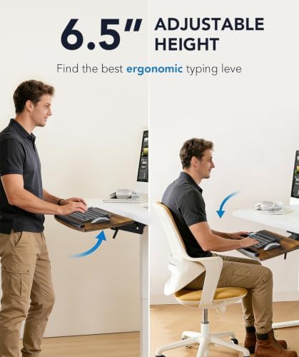 Keyboard Tray Under Desk with Storage Drawer, Height Adjustable Keyboard Tray Slide Out 360° Swivel Tilt, Ergonomic Under Desk Mount Keyboard & Mouse Holder for Gaming Home Office, 28''x11'' Vintage - Image 2