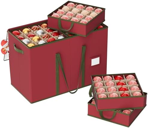160-3” Large Christmas Ornament Storage Box, Dual Zippers, Stackable Christmas Storage Container with Clear Top Lid, 6 Trays, 600D Oxford, Red by Unknown