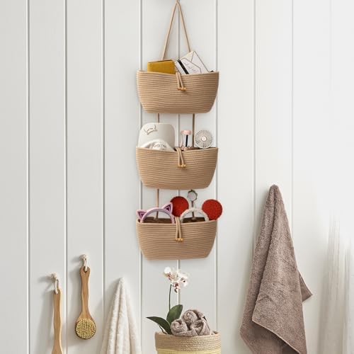 TeoKJ 3-Tier Cotton Rope Baskets with Button Strap Over the Door Wall Hanging Baskets for Nursery, Living Room, Bathroom, Door Storage Organizer for Decoration-Jute - Image 3