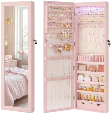 SONGMICS 6 LEDs Mirror Jewelry Cabinet, 47.2-Inch Tall, Lockable by SONGMICSbySONGMICSHOME