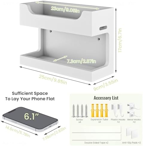 NiHome Bedside Wall Shelf Organizer, Wood 2-Tier Floating Nightstand, White - Image 3