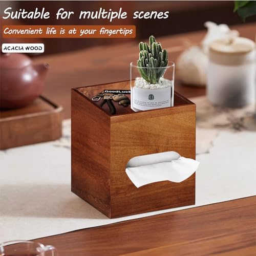 Square Tissue Box Cover with Storage Tray, Acacia Wood Tissue Box Holder - Image 5