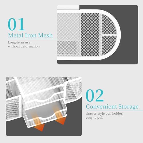 SUPEASY Mesh Desk Organizer, Pen Holder for Desk with 2 Drawers, White - Image 5