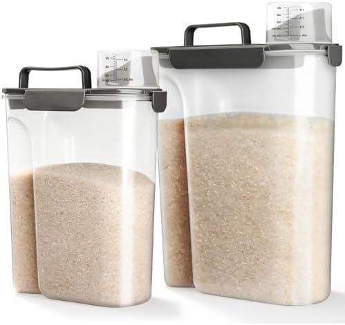 Viretec Rice Storage Container, 15 to 20lb Dry Food Airtight Dispenser, Pet Dog Cat Food Canister, BPA Free Clear Plastic Kitchen and Pantry Bin for Oatmeal, Cereal, Pasta, Flour Pack of 2 Grey by Viretec