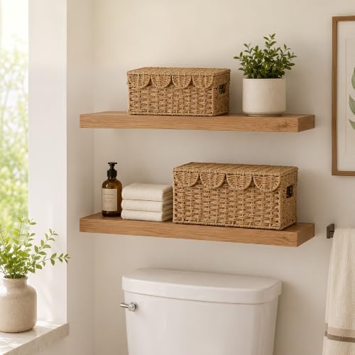 Set of 2 Scalloped Wicker Basket with Lid, Paper Rope Baskets for Shelves - Image 2