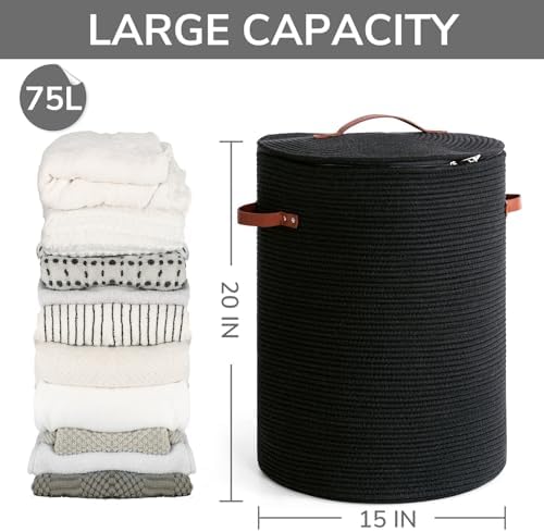 CHICVITA Large Woven Laundry Basket with Lid & Leather Handles, 60L, Black - Image 2