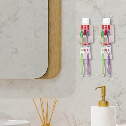 2 PCS Self-Adhesive Toothbrush Holders Wall Mounted, Water Proof Toothbrush Hook, 3 in 1 with Toothbrush Hanger Toothpaste Holder and Gargle Cup Holder for Bathroom Shower (Beige) - Image 6