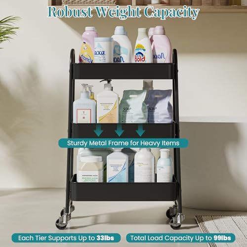 OLIXIS Metal 3 Tiers Rolling Storage Utility Cart with Lockable Wheels - Image 5