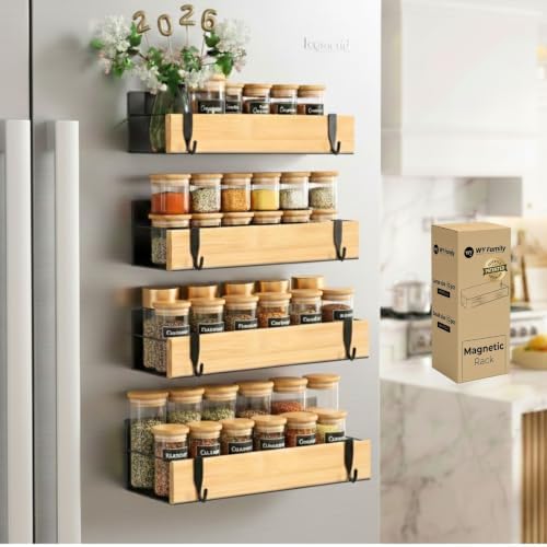 (4 Pack) Magnetic Spice Storage Rack Organizer for Refrigerator and Oven, Real Bamboo, 4 Strong Magnetic Shelf, Black Fridge Storage, Spice Rack Organizer, high quality metal by WYFamily