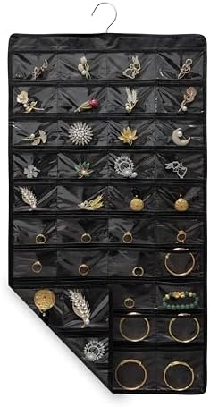 80 Pocket Hanging Jewelry Organizer with Hanger Metal Hooks Storage On Wall Door Closet Double-Sided(Each Side 40 Pockets) Jewelry Holder for Earrings, Necklaces, Rings (4 PACK BLACK) - Image 6