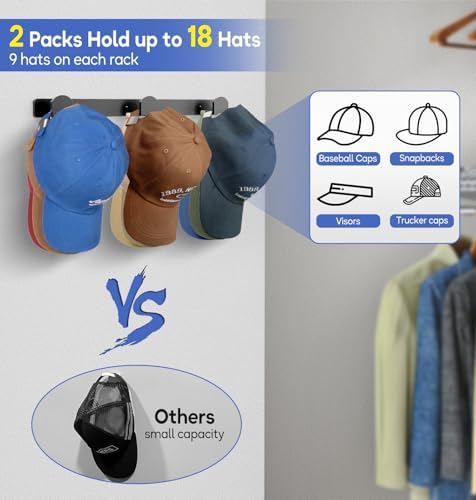 KIMBORA 2 Packs Hat Rack for Wall, Hat Organizer for Baseball Caps, 3 Mounting Options Cap Hook Hanger, Strong Snapback Holder Storage Display for Door, Room, Closet (Black) - Image 2