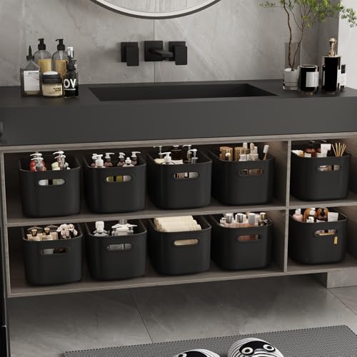 ORGIDOL 12 Pack Black Plastic Storage Bins, Storage Container for Organizing, Storage Boxes with Handle for Shelves, Cute Organizer Bins for Craft, Snacks, Pantry, Cabinet, 8.7x6.7x5.66inch - Image 4