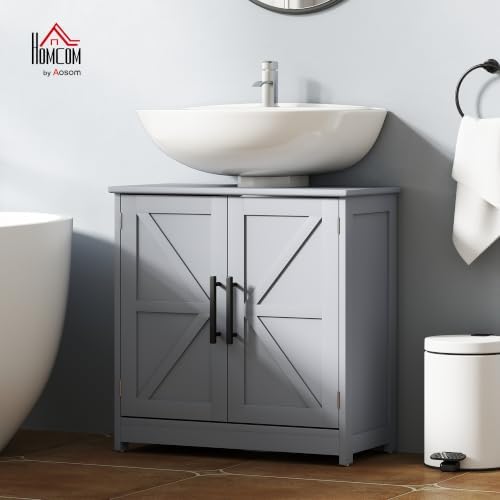 HOMCOM Pedestal Sink Storage Cabinet, 2 Barn Doors, Dark Gray - Image 2