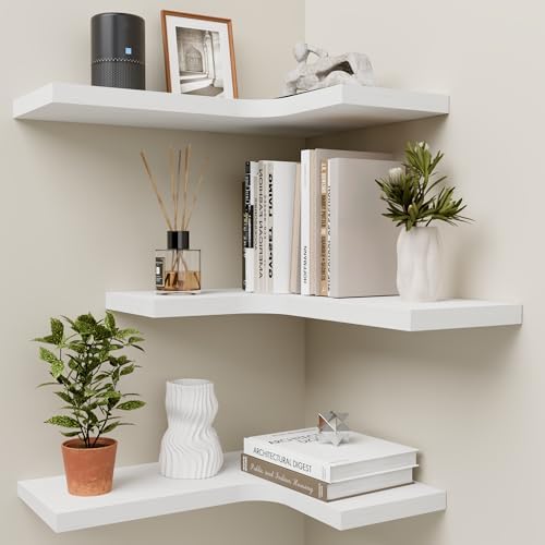 Corner Floating Shelves for Wall Mounted L-Shaped Wood Corner Wall Shelf, Hanging Shelf for Bathroom, Bedroom, Kitchen, Living Room, Office, Home Decor, Set of 3 (White) by Unknown