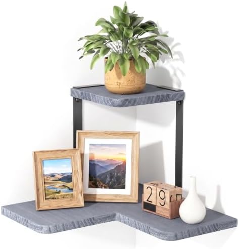 SRIWATANA 2-Tier Corner Wall Shelf,Rustic Wood Display Shelf Weathered Grey by SRIWATANA