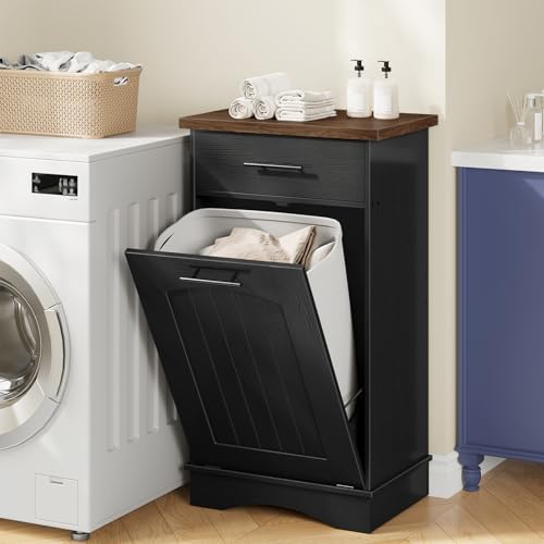 HOOBRO 10 Gallon Tilt Out Trash Cabinet, Kitchen Trash Can, Trash Bin Storage, with Flip Door and Large Drawer, Hidden Laundry Hamper Cabinet, for Kitchen, Laundry, Black and Walnut BH02LJ01 - Image 6