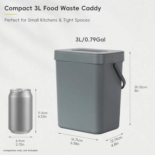EKO Puro Mini Wall-Mounted Kitchen Trash Can with Lid Food Waste Caddy, 0.79 Gal / 3L (Grey), 3L (Pack of 12) - Image 2