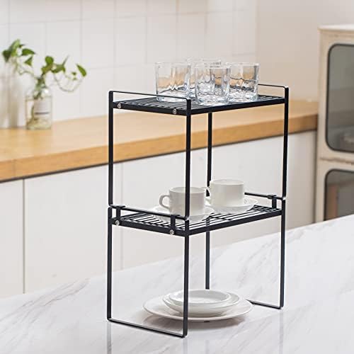 Shantton 2pk Kitchen Cabinet Shelf Counter Organizer Rack Pantry Storage Bathroom Bedroom Office Table Desk Space Saving Steel Frame Stackable Rust Resistant Non Slip Black-Tall-L13in W8.3in H9.5in - Image 2