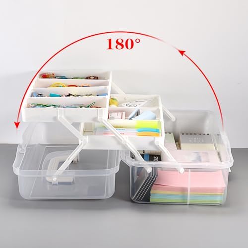 BTSKY 3-Layer Clear Plastic Dividing Storage Box Craft Organizer and Storage with Adjustable Spacers Portable Handled Art Supply Organizer Multipurpose Home Utility Box Sewing Organizers(Beige White) - Image 3