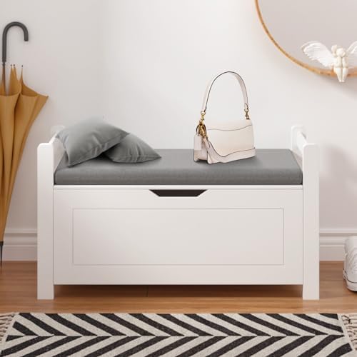 Storage Chest, Storage Bench with Cushion Seat, Toy Chest, Wooden Toy Box with 2 Safety Hinges, Shoe Bench, for Entryway, Living Room, Bedroom, White by Unknown