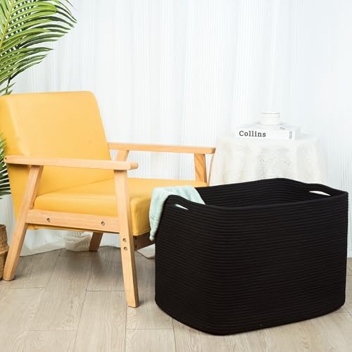 MINTWOOD Design 112L Extra Large Blanket Basket Holder Living Room, 25"x17"x16" Rectangle Rope Woven Storage Basket with Handles for Laundry, Pool Towels, Shoes, Dog Toy Organizer Bin Box, Black - Image 4