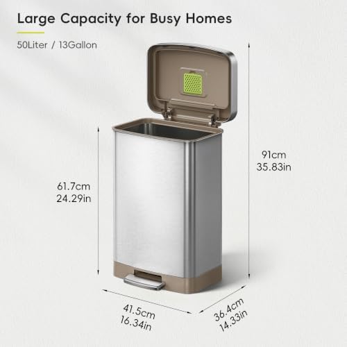 EKO Hudson Matte Stainless 50 Liter/13.2 Gallon Step Trash Can with Rear Trash Bag Storage Compartment - Image 2