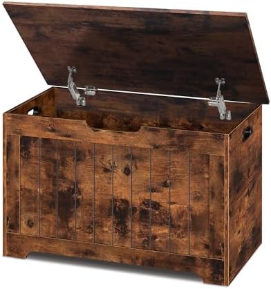 SUPER DEAL Storage Chest, 30 inches Chest Box Organizer with 2 Safety Hinges, Wooden Entryway Storage Bench, Rustic Brown by Superdeal