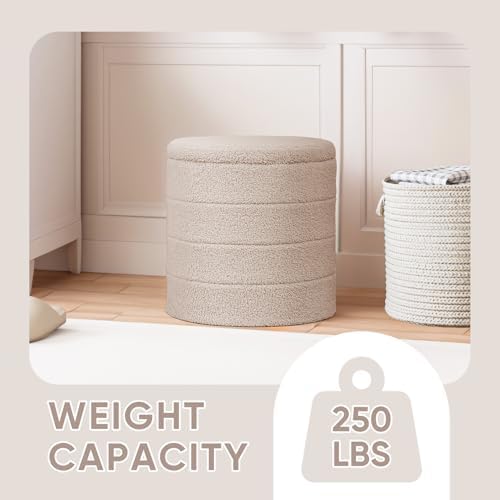 PINPLUS Round Folding Storage Ottoman, Beige Boucle Footstool - Image 5